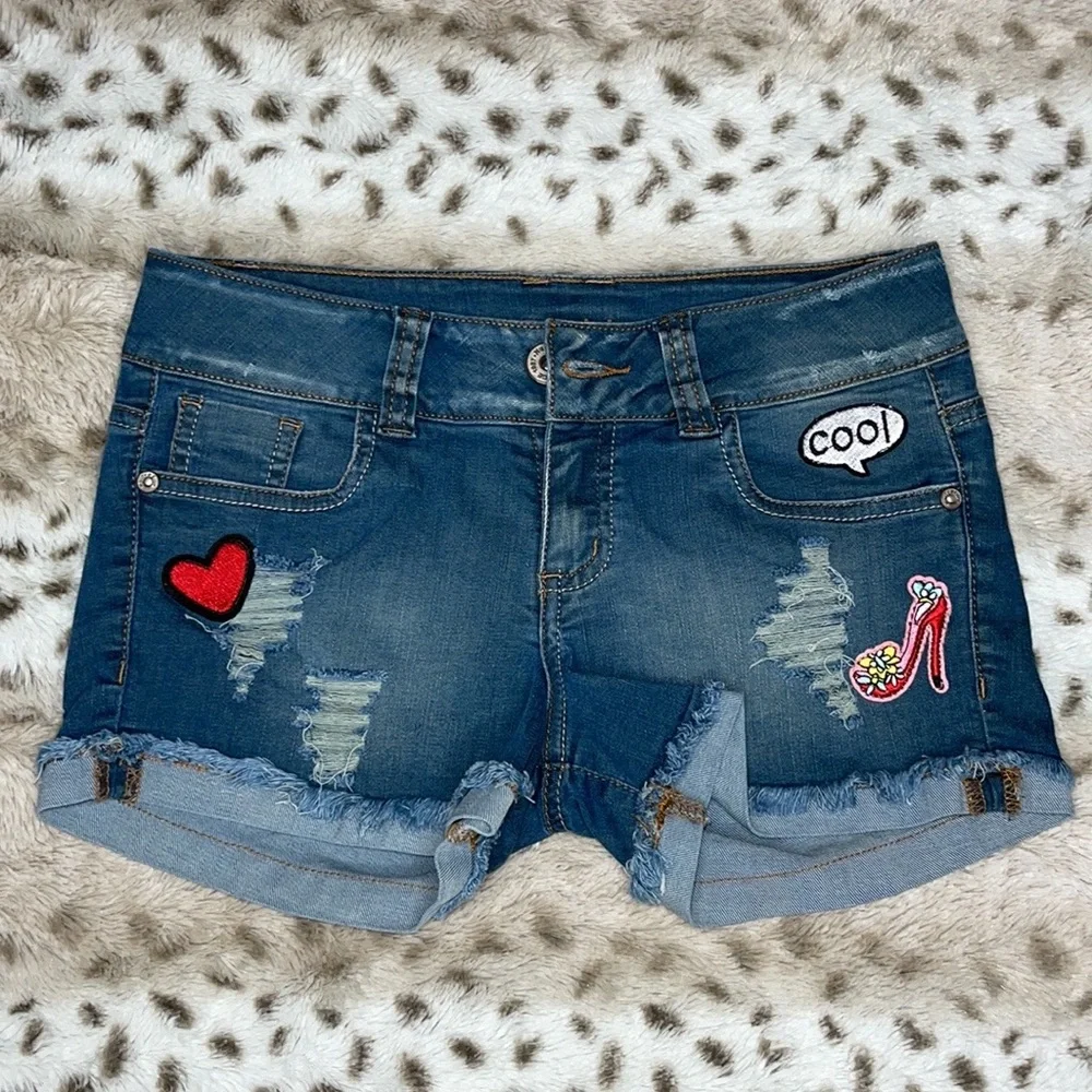 Nauty Blue Distressed Denim Shorts Light Wash Girls Size Small S Patches